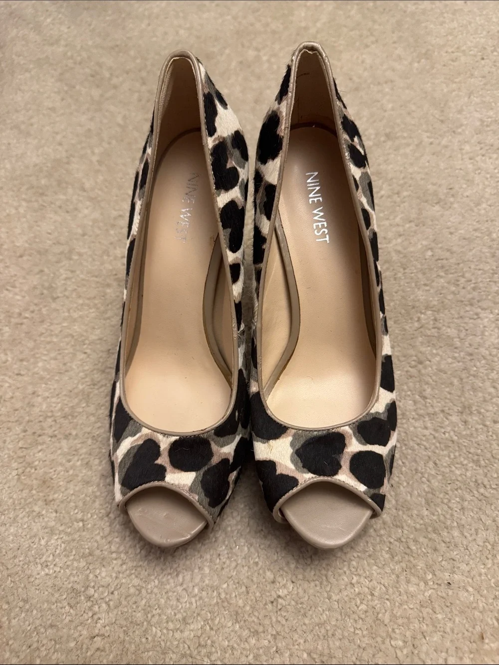Nine West Leopard Print Peep-Toe Pumps - Beige and Black
